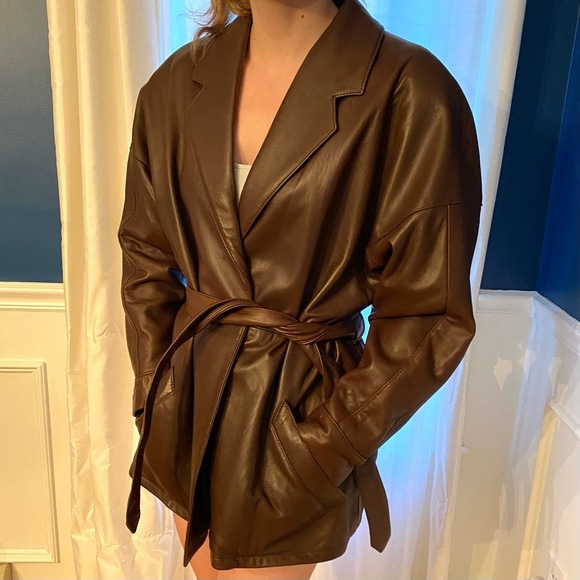 Remy Vintage Brown Buttery Soft Leather Belted Oversized Unisex Jacket, Med/Lg - Picture 3 of 16